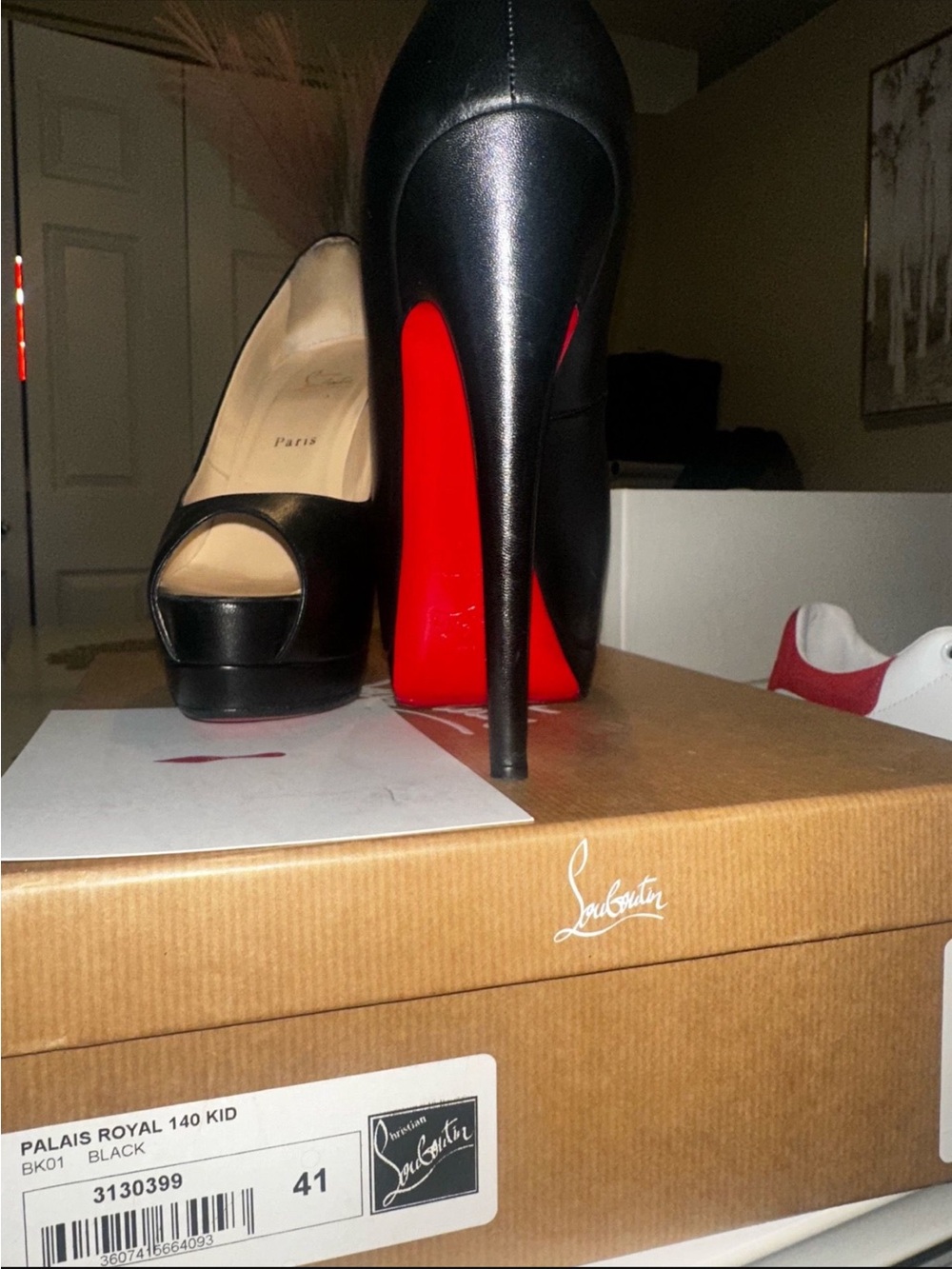 Christian Louboutin Black Leather Peep-Toe Platform Stilettos with Red Sole - Picture 2 of 4